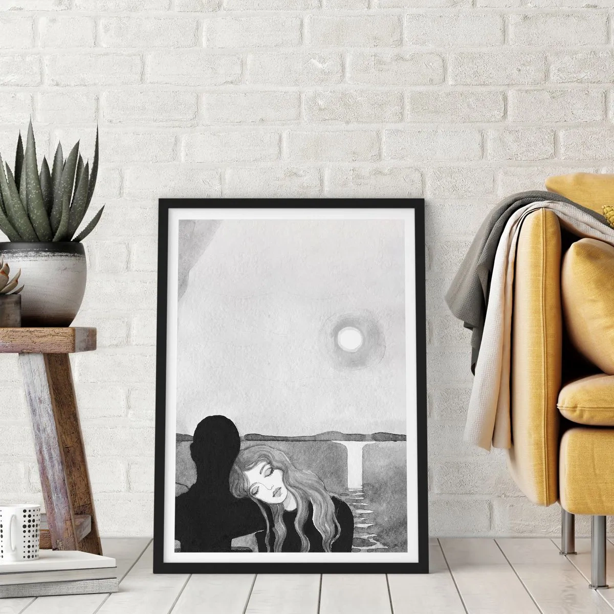 Poster in cornice nera - Donna appoggiata a una figura in ombra, luna e cascata - 50x70cm - Sempre un mistero - Decorazione murale moderna per soggiorno e camera da letto ARTTOR