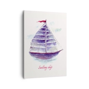 Quadro su tela - Stampe su Tela - Un dipinto ad acquerello di una barca a vela sull'acqua con una delicata iscrizione - 50x70cm - Gonfie vele e mare calmo - Decorazione murale moderna per soggiorno e camera da letto ARTTOR