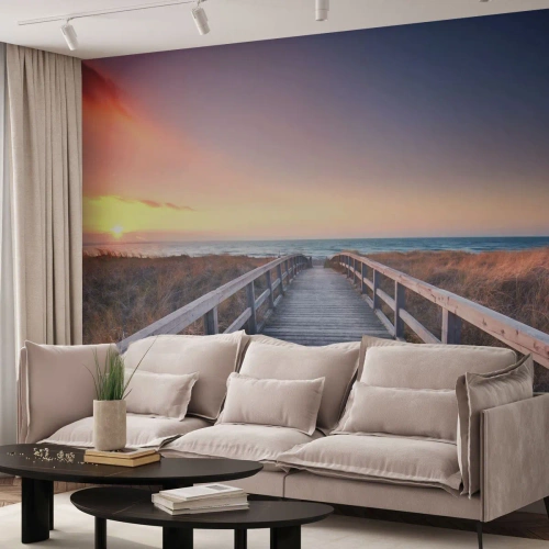 Fotomurali Premium Sand - Passerella in legno che conduce alla spiaggia al tramonto - 100x70cm - Aurora serale baltica - Decorazione murale moderna per soggiorno e camera da letto ARTTOR