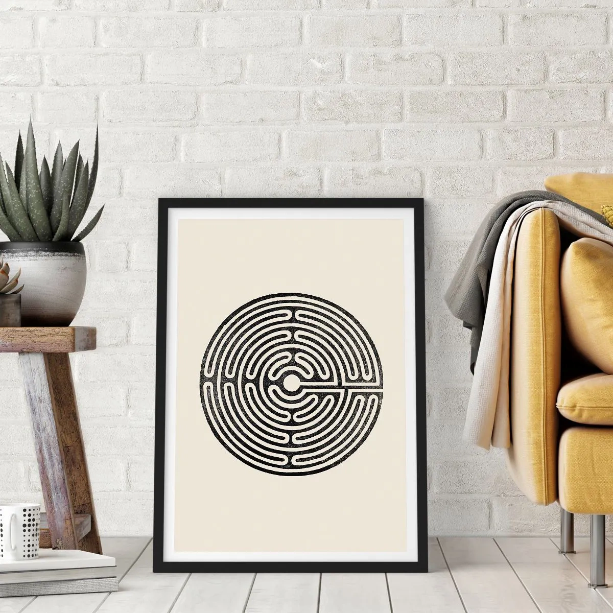 Poster in cornice nera - Un labirinto minimalista in bianco e nero su uno sfondo chiaro. - 50x70cm - Ordine misterioso - Decorazione murale moderna per soggiorno e camera da letto ARTTOR