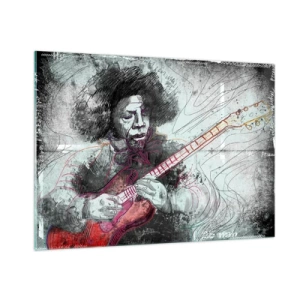 Quadro su vetro - Ritratto artistico di un musicista con una chitarra elettrica - 100x70cm - Sulle onde della musica - Decorazione murale moderna per soggiorno e camera da letto ARTTOR