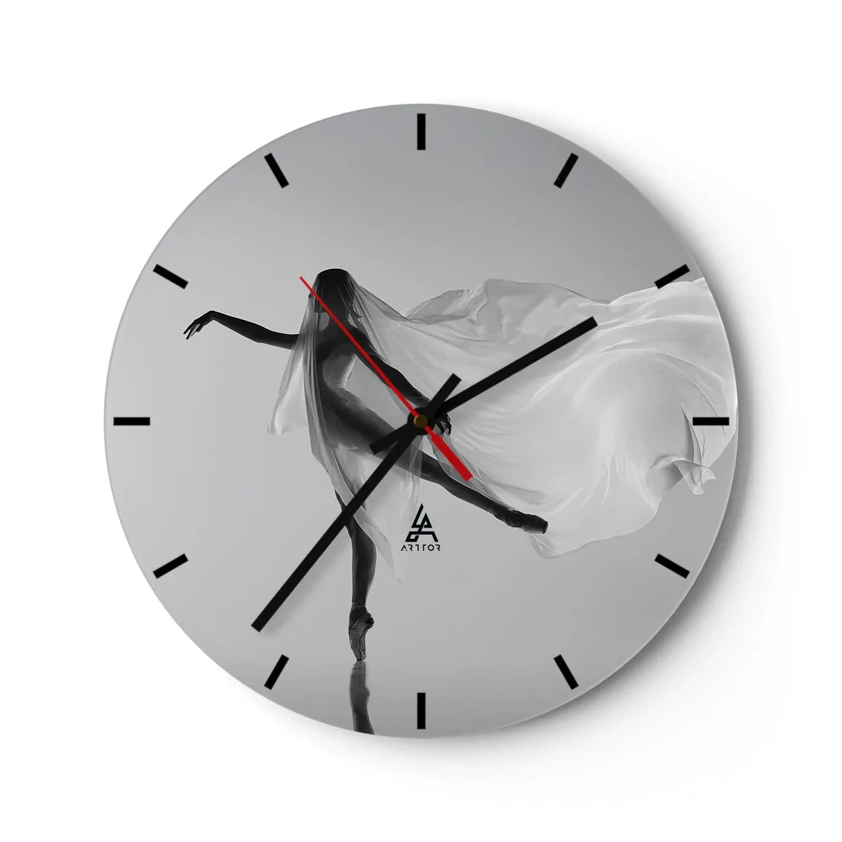 Orologio da parete - Orologio in Vetro - Una ballerina in movimento, avvolta in un tessuto arioso su uno sfondo grigio - 30x30cm - Leggerezza ed eleganza - Decorazione murale moderna per soggiorno, cucina e camera da letto ARTTOR