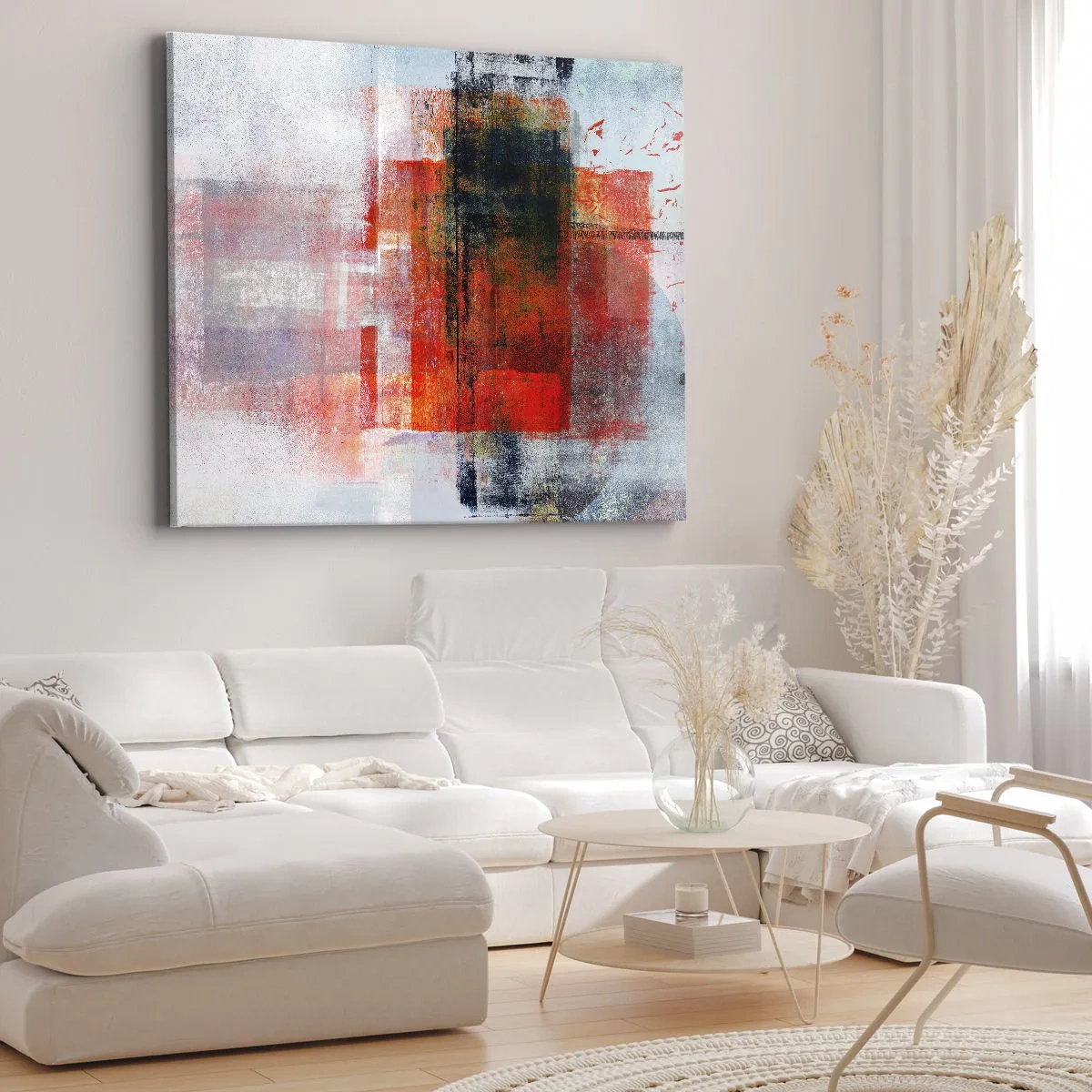 Quadro su tela - Stampe su Tela - Composizione geometrica astratta con accenti rossi e arancioni - 120x80cm - Composizione arroventata - Decorazione murale moderna per soggiorno e camera da letto ARTTOR