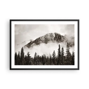 Poster in cornice nera - Una pittoresca cima di montagna circondata dalla nebbia e da una foresta color seppia - 70x50cm - Il sovrano di granito - Decorazione murale moderna per soggiorno e camera da letto ARTTOR