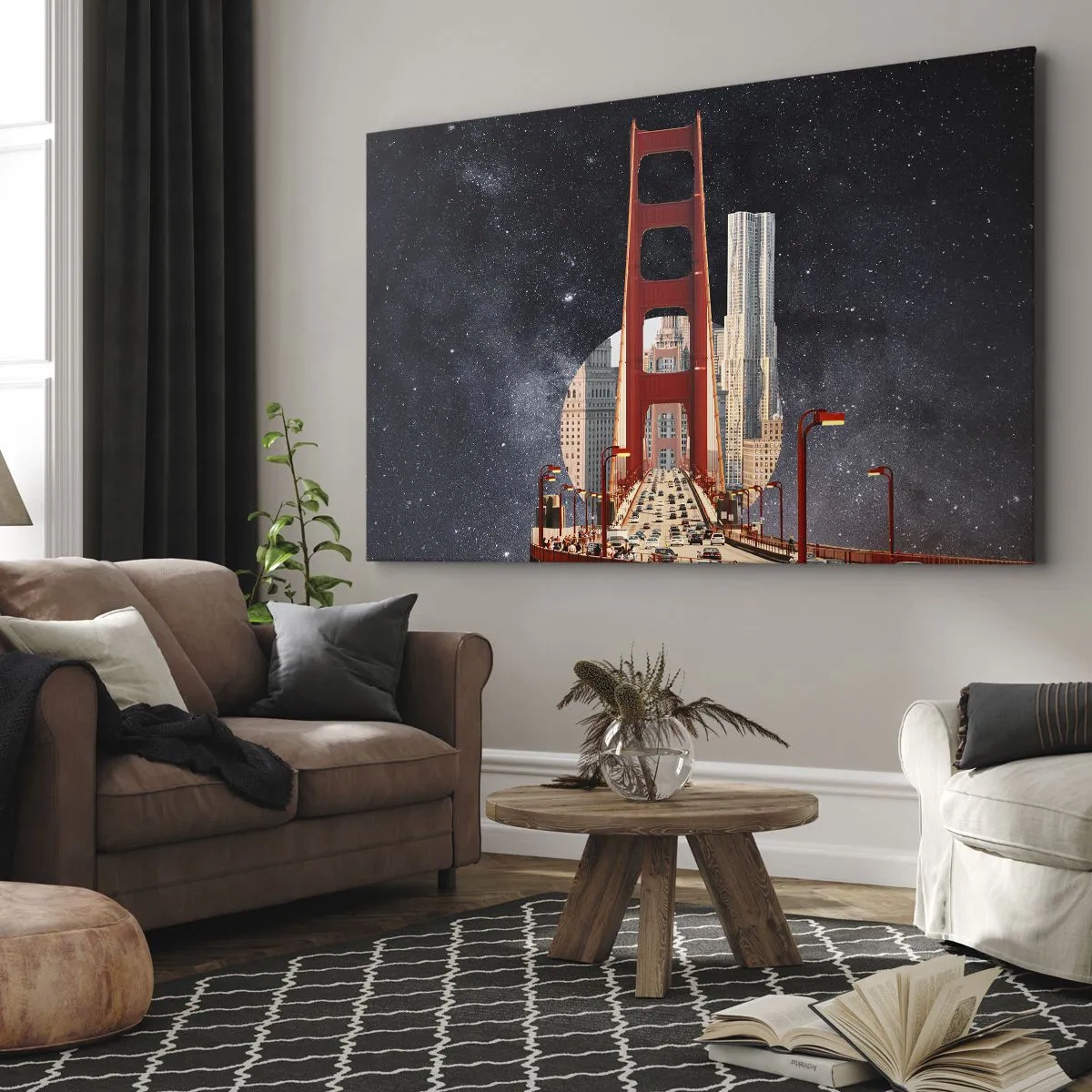 Quadro su tela - Stampe su Tela - Il Golden Gate Bridge con la città sullo sfondo contro un cielo stellato - 70x50cm - Sempre al centro - Decorazione murale moderna per soggiorno e camera da letto ARTTOR
