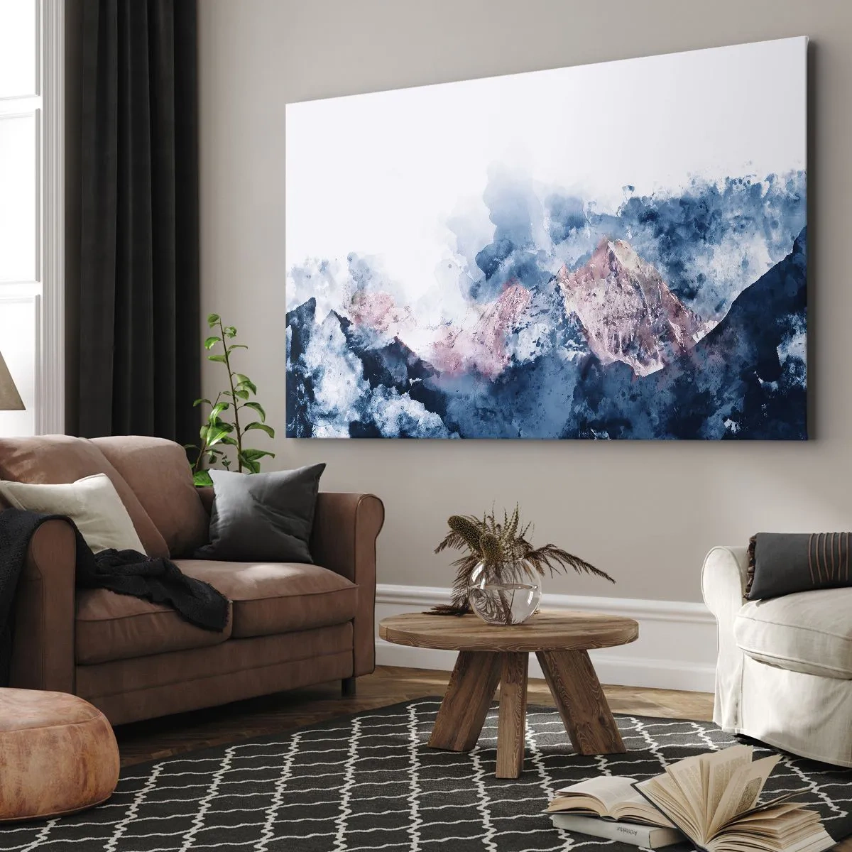 Quadro su tela - Stampe su Tela - Montagne acquerellate in tonalità pastello su sfondo bianco - 100x70cm - Queste si che sono cime! - Decorazione murale moderna per soggiorno e camera da letto ARTTOR