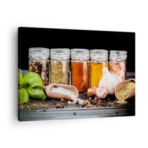 Quadro su tela - Stampe su Tela - Erbe e spezie in barattoli di vetro su sfondo scuro - 70x50cm - Perché la vita abbia sapore - Decorazione murale moderna per soggiorno e camera da letto ARTTOR