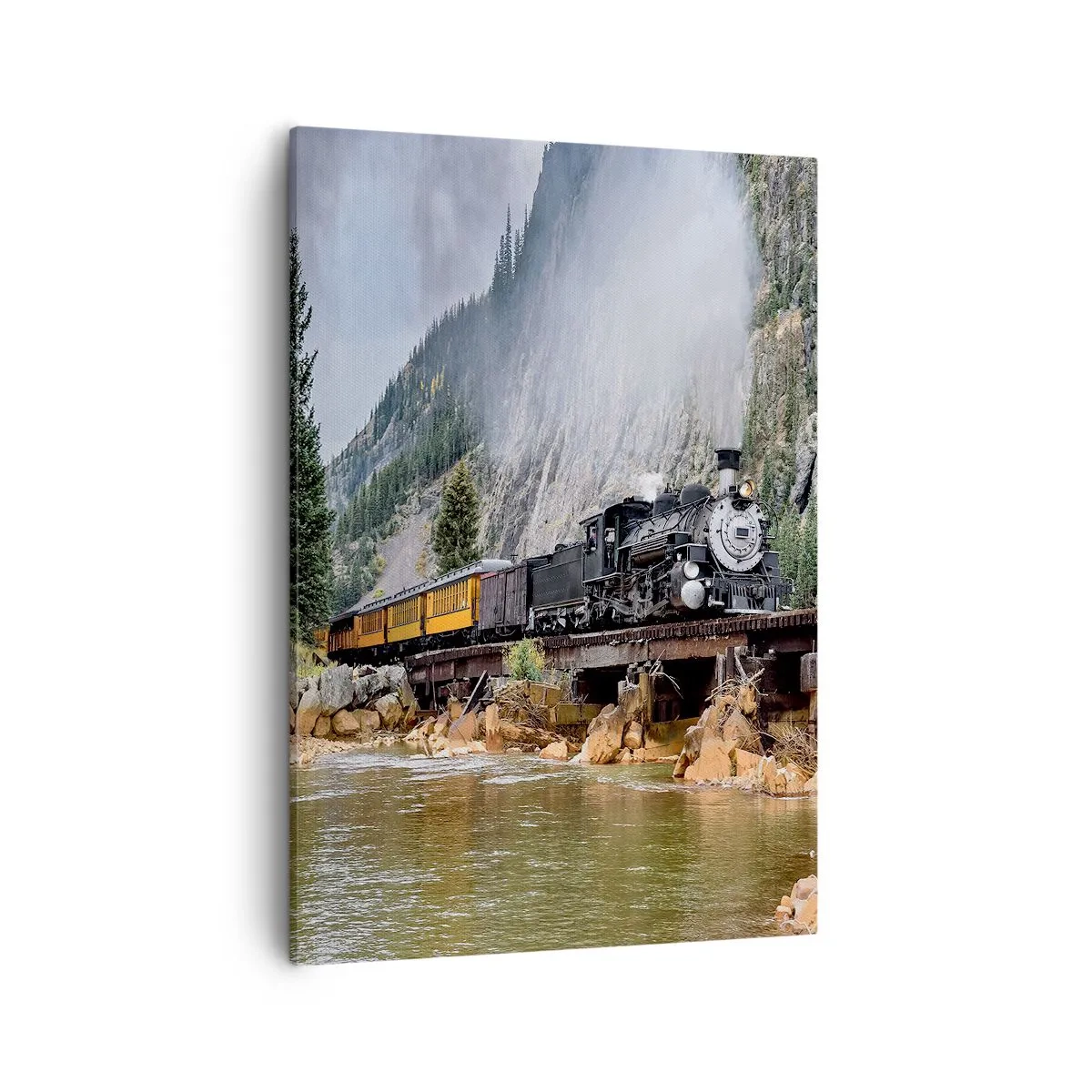 Quadro su tela - Stampe su Tela - Una locomotiva a vapore su un ponte in un pittoresco paesaggio montano - 50x70cm - Dove andiamo? - Decorazione murale moderna per soggiorno e camera da letto ARTTOR