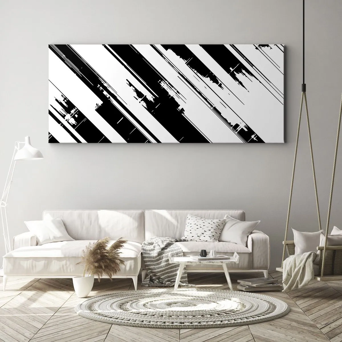 Quadro su tela - Stampe su Tela - Linee in bianco e nero e motivi geometrici in stile moderno - 120x50cm - Composizione intensa e dinamica - Decorazione murale moderna per soggiorno e camera da letto ARTTOR
