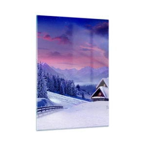 Quadro su vetro - Paesaggio invernale con un cottage e montagne innevate - 50x70cm - Notte silenziosa - Decorazione murale moderna per soggiorno e camera da letto ARTTOR