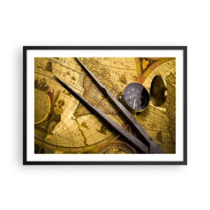 Poster in cornice nera - Una mappa del mondo antica con una bussola e un paio di bussole sullo sfondo - 70x50cm - Dove sono questi tesori? - Decorazione murale moderna per soggiorno e camera da letto ARTTOR