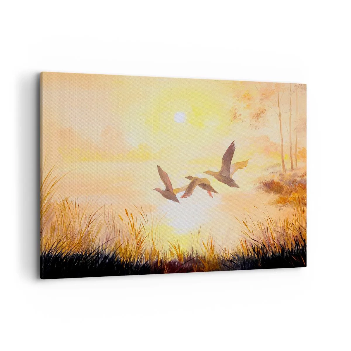 Quadro su tela - Stampe su Tela - Anatre che volano all'alba sul lago - 120x80cm - L'inizio di un lungo viaggio - Decorazione murale moderna per soggiorno e camera da letto ARTTOR