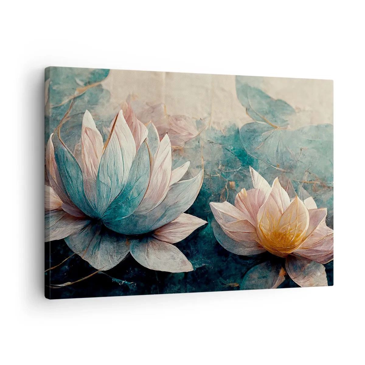 Quadro su tela - Stampe su Tela - Delicate ninfee in tonalità pastello di blu e oro - 70x50cm - Le stelle del lago - Decorazione murale moderna per soggiorno e camera da letto ARTTOR