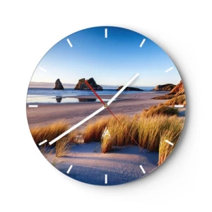 Orologio da parete - Orologio in Vetro - Spiaggia sabbiosa al tramonto con vista sulle rocce - 30x30cm - Per i cercatori di pace - Decorazione murale moderna per soggiorno, cucina e camera da letto ARTTOR