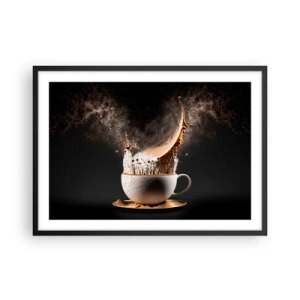 Poster in cornice nera - Una tazza di caffè con un'esplosione dinamica di liquido su uno sfondo nero. - 70x50cm - Esplosione di sapore - Decorazione murale moderna per soggiorno e camera da letto ARTTOR