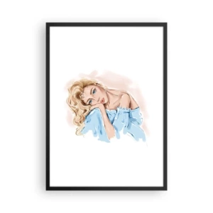Poster in cornice nera - Un ritratto sottile di una donna dai colori delicati - 50x70cm - Sognante nel blu - Decorazione murale moderna per soggiorno e camera da letto ARTTOR