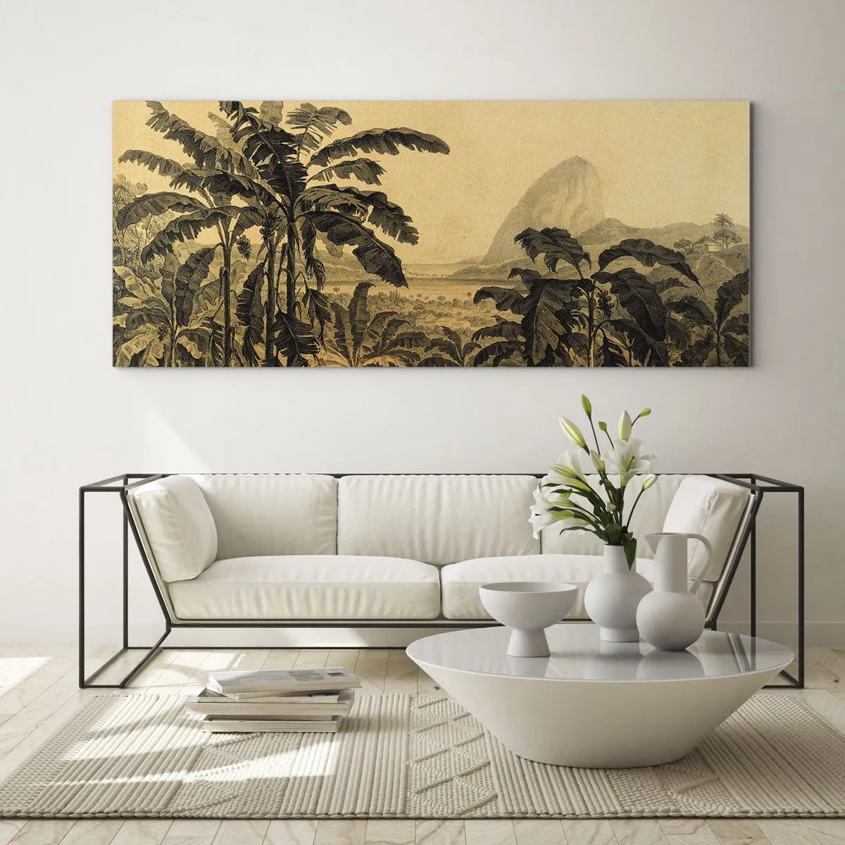 Quadro su vetro - Disegno di alberi di banana su uno sfondo di paesaggio tropicale - 120x50cm - Nel clima coloniale - Decorazione murale moderna per soggiorno e camera da letto ARTTOR