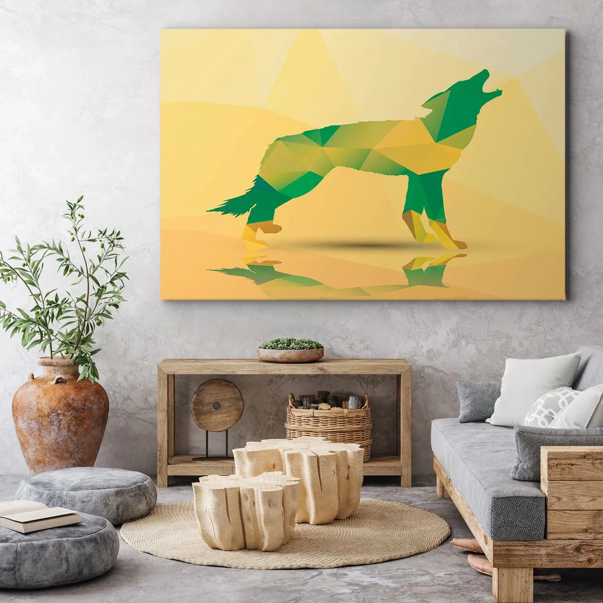 Quadro su tela - Stampe su Tela - Silhouette geometrica di lupo in tonalità verde e giallo - 120x80cm - Il lupo solitario - Decorazione murale moderna per soggiorno e camera da letto ARTTOR