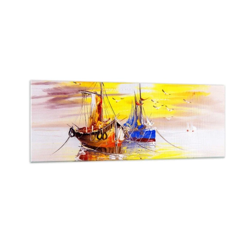 Quadro su vetro - Una scena pittorica di barche su un mare calmo - 140x50cm - Meritato riposo nel porto - Decorazione murale moderna per soggiorno e camera da letto ARTTOR