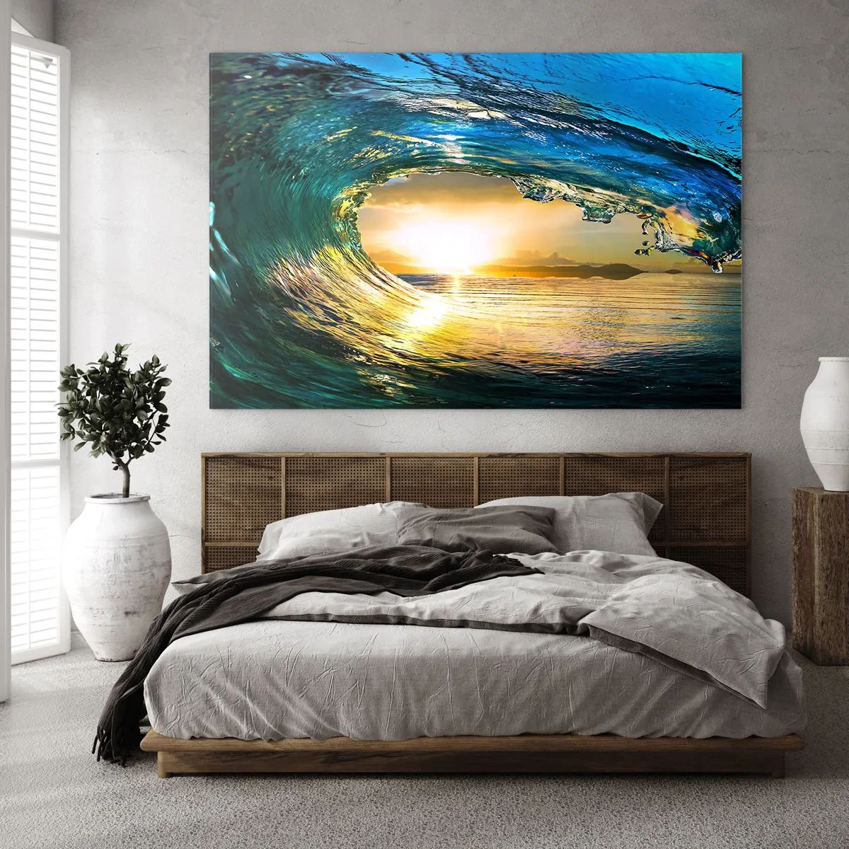 Quadro su vetro - Un'onda dell'oceano catturata alla luce del sole al tramonto - 70x50cm - Nel cristallo oro e smeraldo - Decorazione murale moderna per soggiorno e camera da letto ARTTOR