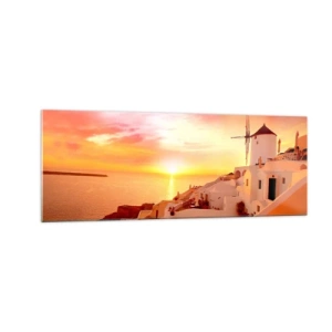 Quadro su vetro - Santorini al tramonto con un mulino a vento - 140x50cm - Sciogliersi nel bianco e nell'oro - Decorazione murale moderna per soggiorno e camera da letto ARTTOR