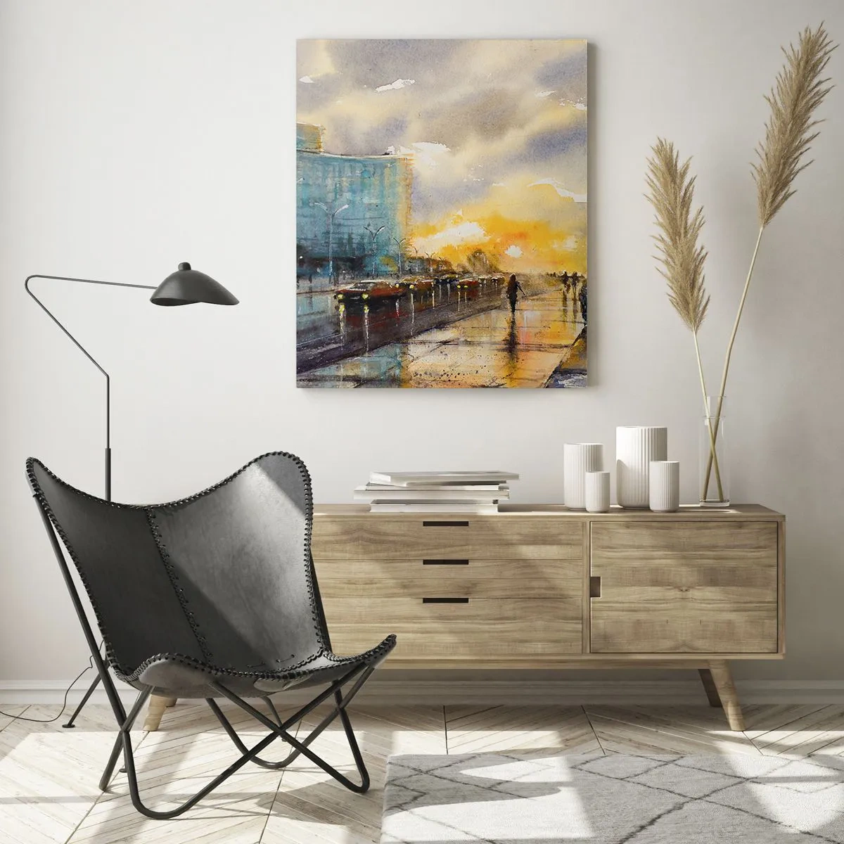 Quadro su vetro - Città di mare ad acquerello con tramonto - 50x70cm - Vita sulla costa - Decorazione murale moderna per soggiorno e camera da letto ARTTOR