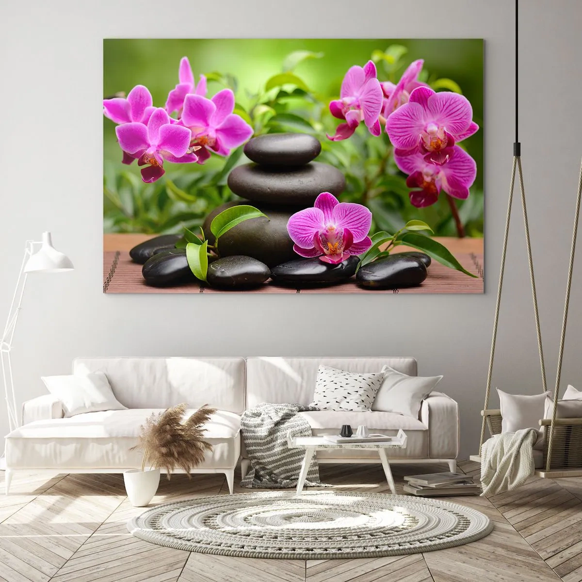 Quadro su vetro - Orchidee rosa e pietre nere in un ambiente tranquillo - 70x50cm - Piramide di pace - Decorazione murale moderna per soggiorno e camera da letto ARTTOR