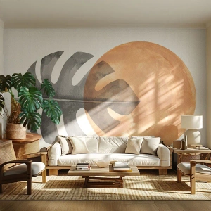 Fotomurali Premium Canvas - Foglia di monstera e cerchio dorato su sfondo chiaro - 100x70cm - Sempre il sole - Decorazione murale moderna per soggiorno e camera da letto ARTTOR