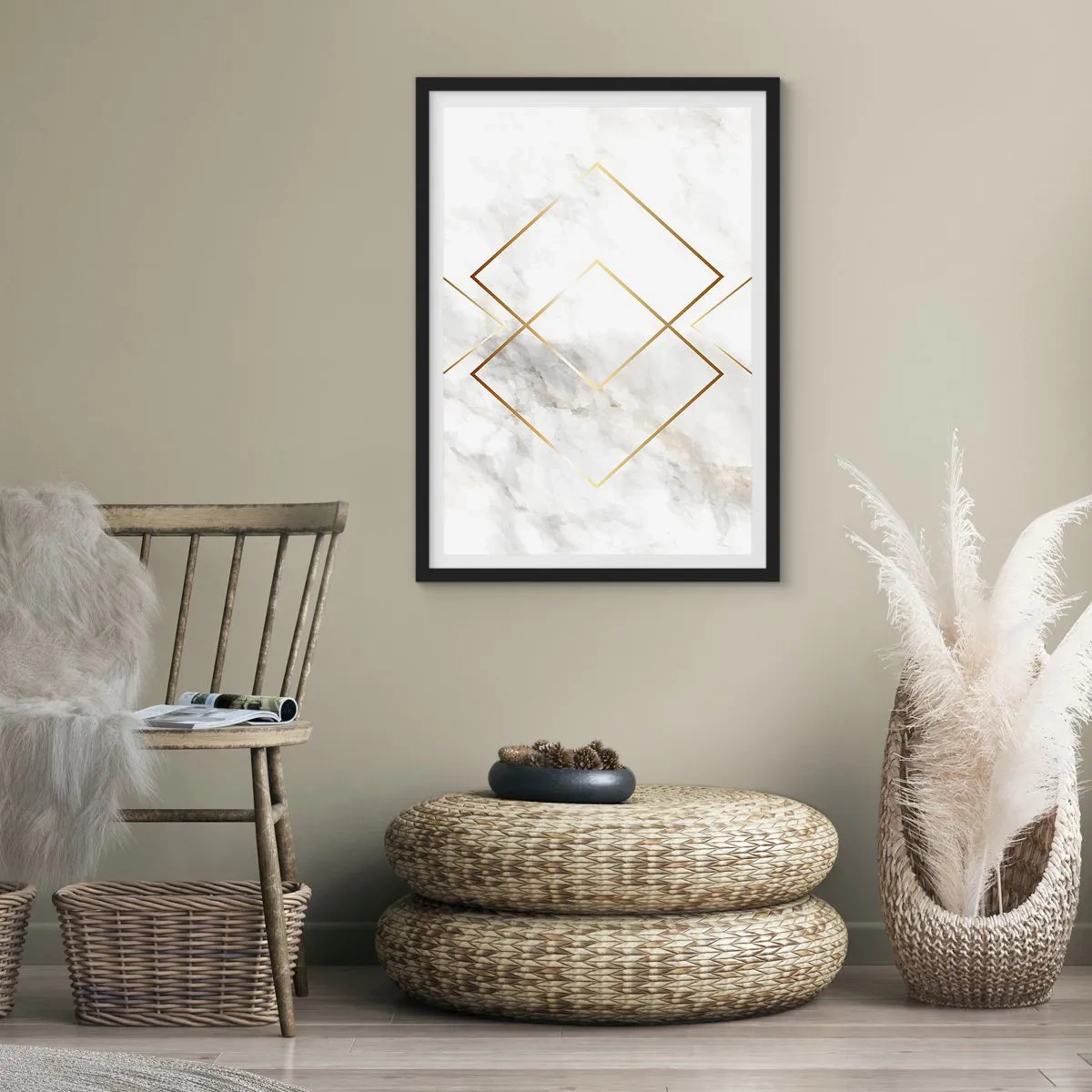 Poster in cornice nera - Geometria in linee dorate su sfondo di marmo - 50x70cm - Vista sull'infinito - Decorazione murale moderna per soggiorno e camera da letto ARTTOR