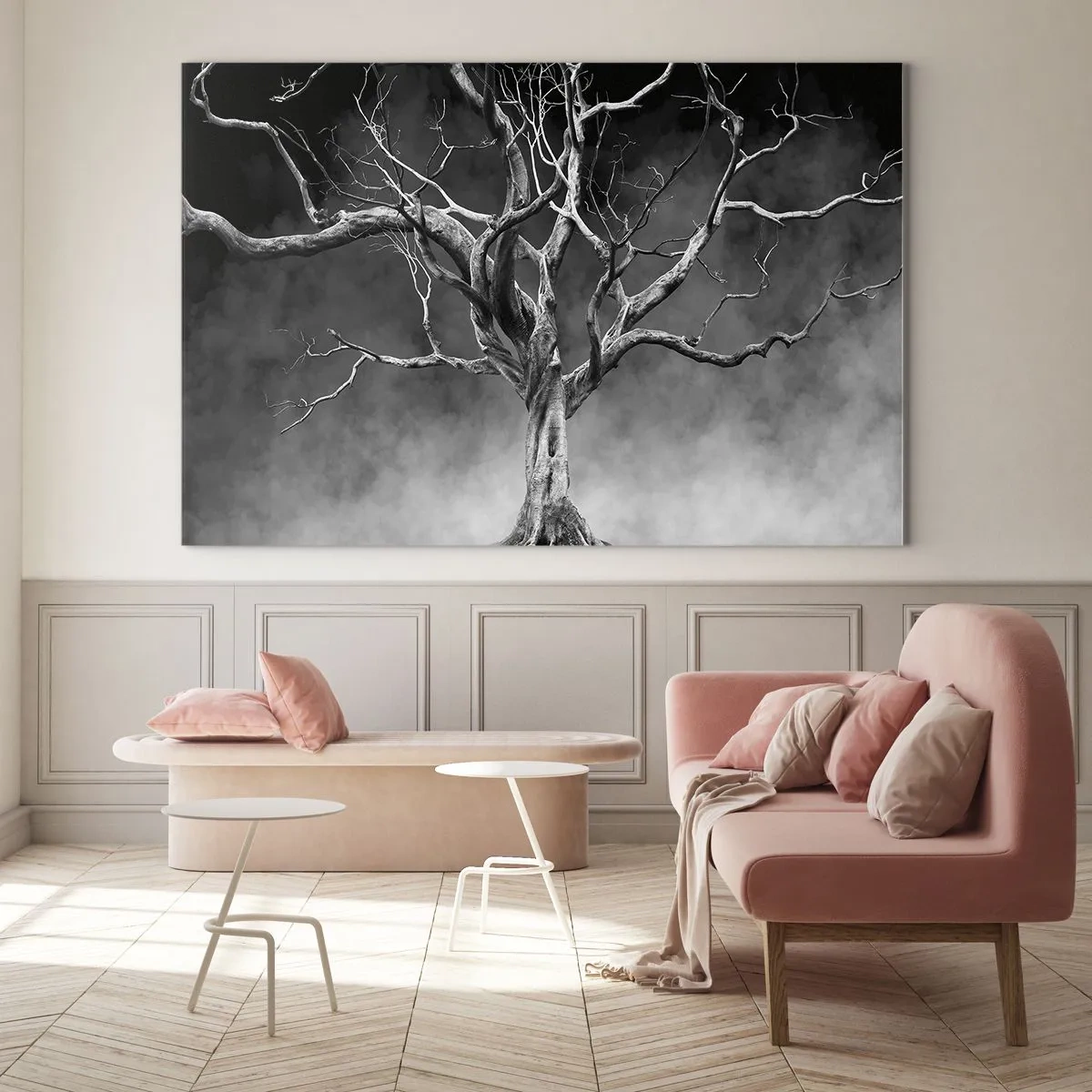 Quadro su vetro - Albero nero contro la nebbia - 70x50cm - Primordiale e sacro - Decorazione murale moderna per soggiorno e camera da letto ARTTOR