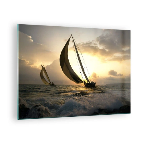 Quadro su vetro - Barche a vela in un mare in tempesta durante il tramonto - 70x50cm - Con il vento e controvento - Decorazione murale moderna per soggiorno e camera da letto ARTTOR