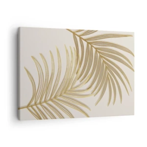 Quadro su tela - Stampe su Tela - Foglie di palma dorate su uno sfondo chiaro in stile minimalista - 70x50cm - Palma d'oro! - Decorazione murale moderna per soggiorno e camera da letto ARTTOR