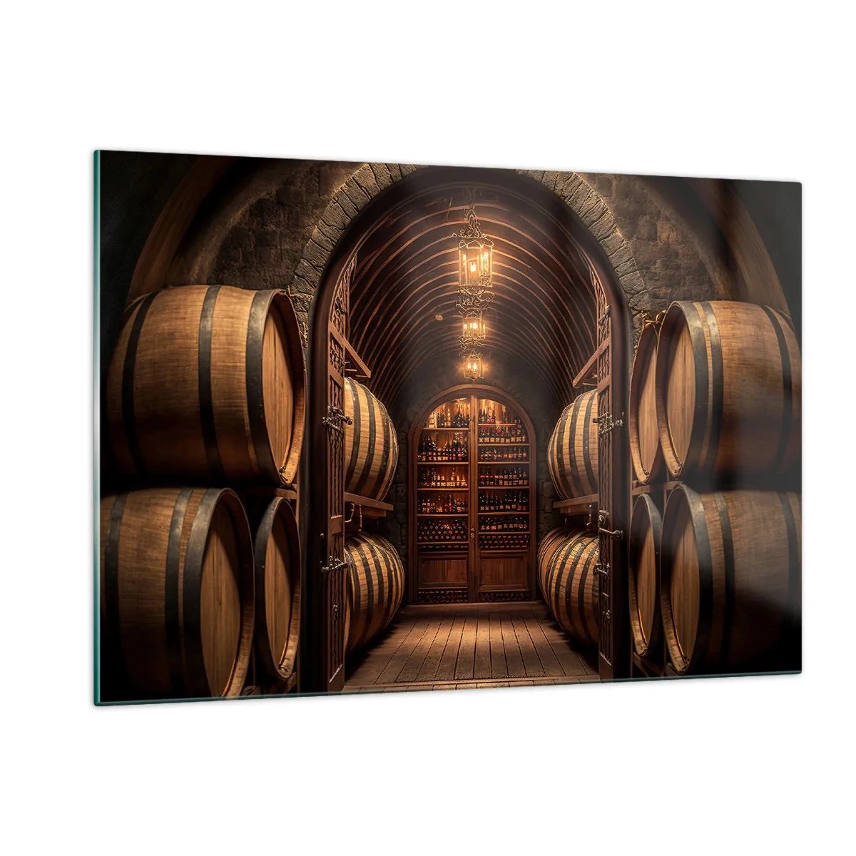 Quadro su vetro - Un vigneto con botti e una cantina illuminata piena di bottiglie - 120x80cm - L'atmosfera della cantina - Decorazione murale moderna per soggiorno e camera da letto ARTTOR