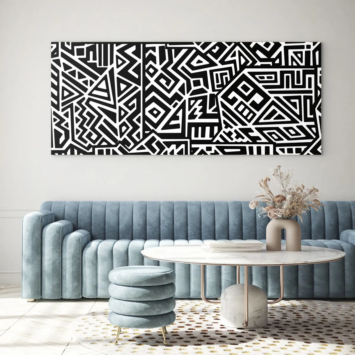 Quadro su vetro - Motivi geometrici in bianco e nero ispirati alla cultura precolombiana - 140x50cm - Composizione precolombiana - Decorazione murale moderna per soggiorno e camera da letto ARTTOR