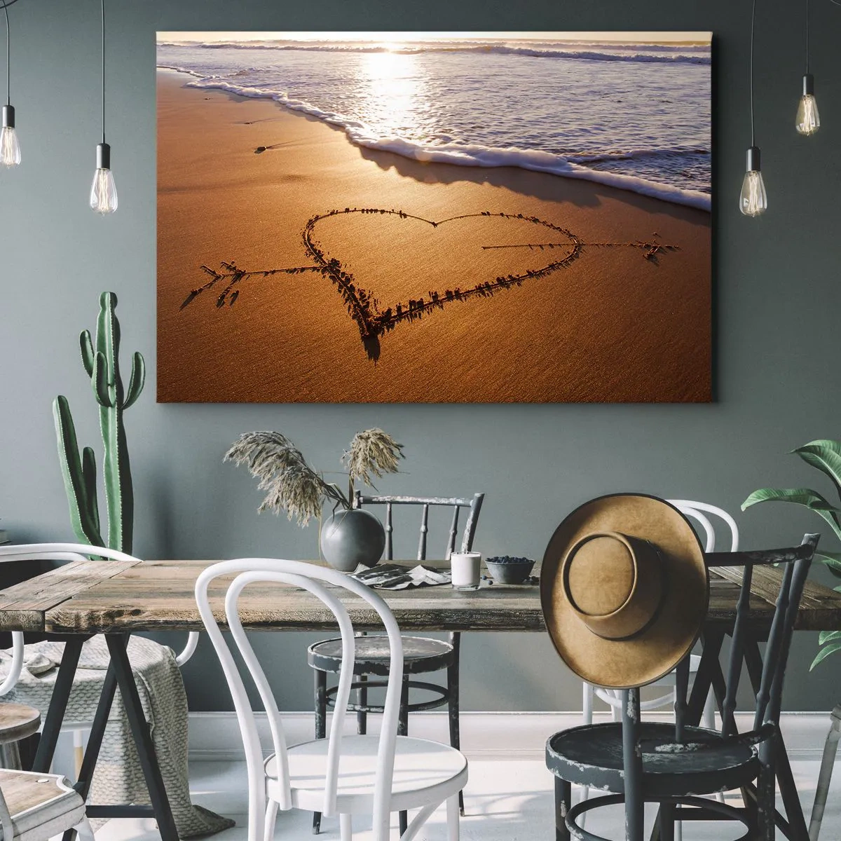 Quadro su tela - Stampe su Tela - Un cuore fatto di sabbia sulla spiaggia durante il tramonto - 120x80cm - Dichiarazione delle vacanze - Decorazione murale moderna per soggiorno e camera da letto ARTTOR