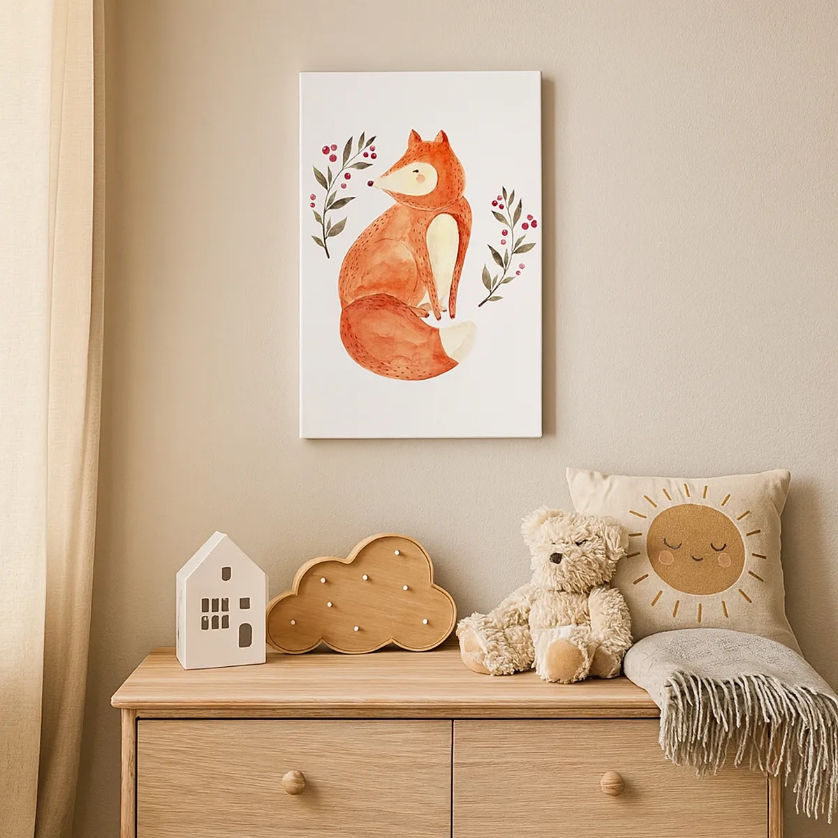 Quadro su tela - Stampe su Tela - Una volpe acquerellata circondata da ramoscelli con bacche - 50x70cm - Piccola rossa - Decorazione murale moderna per soggiorno e camera da letto ARTTOR