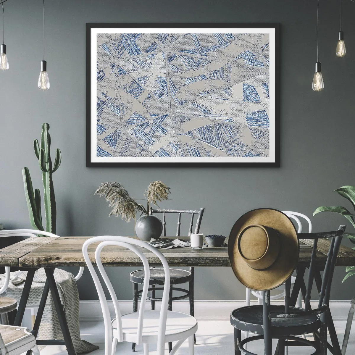 Poster in cornice nera - Motivi geometrici nelle tonalità del blu e del grigio - 70x50cm - Nel labirinto grigioblu - Decorazione murale moderna per soggiorno e camera da letto ARTTOR