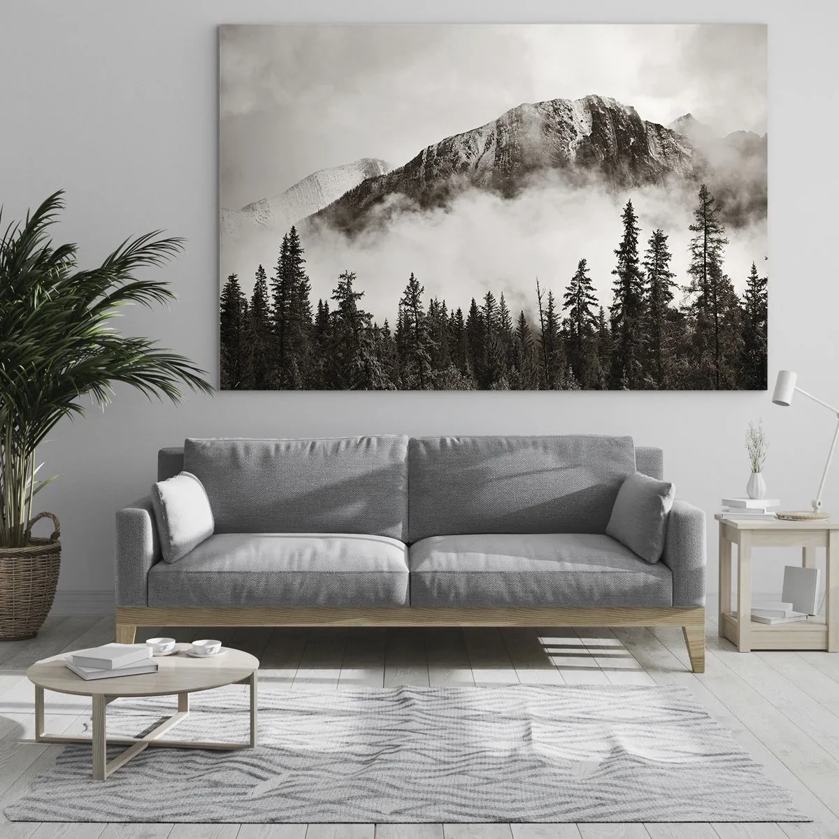 Quadro su vetro - Paesaggio montano con foresta e nebbia nei toni seppia - 100x70cm - Il sovrano di granito - Decorazione murale moderna per soggiorno e camera da letto ARTTOR