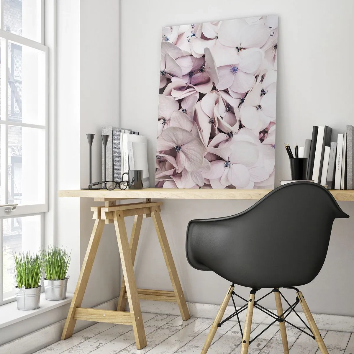 Quadro su vetro - Delicate ortensie bianche in tonalità pastello - 70x100cm - Un'alluvione di fiori - Decorazione murale moderna per soggiorno e camera da letto ARTTOR