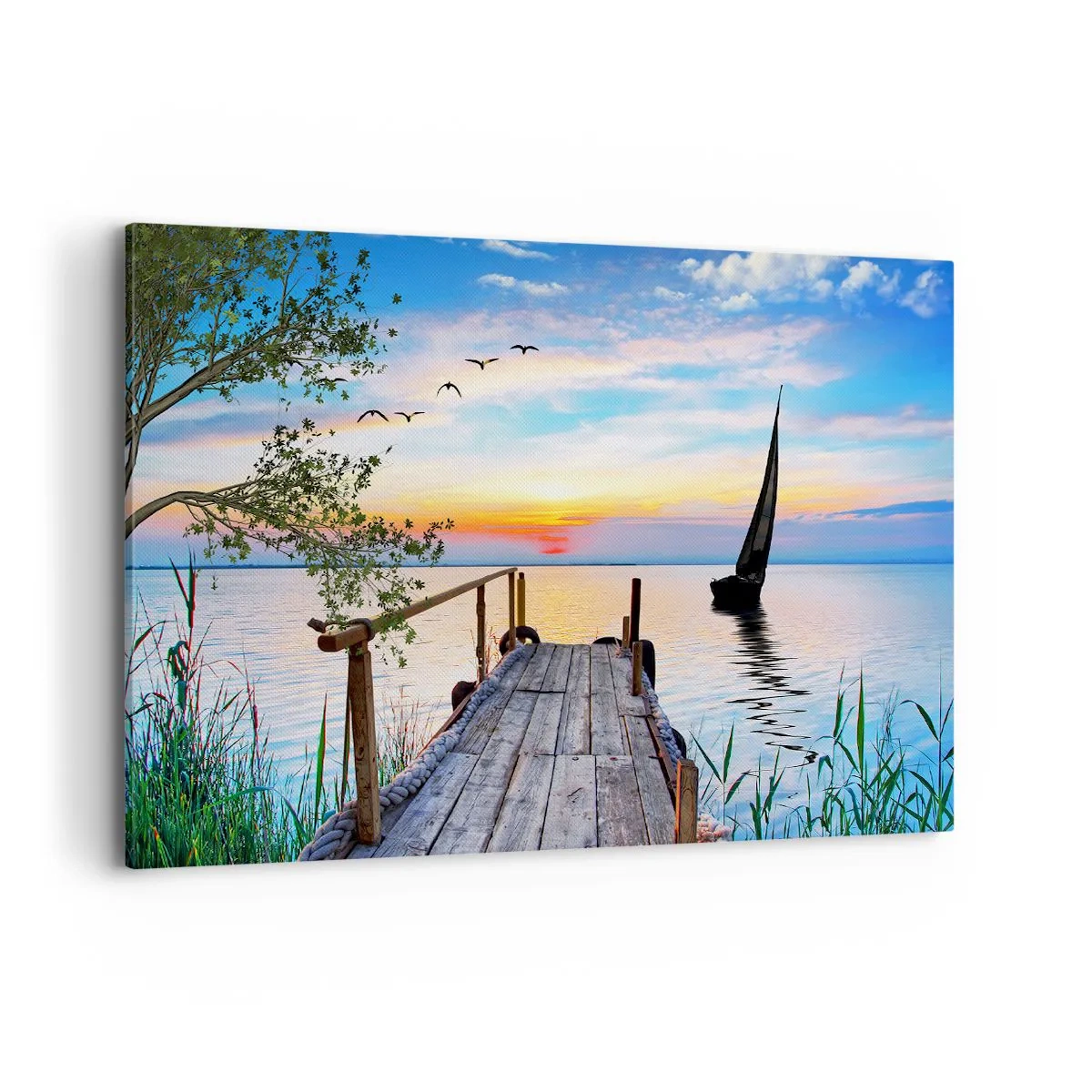 Quadro su tela - Stampe su Tela - Molo del lago con barca e tramonto - 120x80cm - Buona sera - Decorazione murale moderna per soggiorno e camera da letto ARTTOR