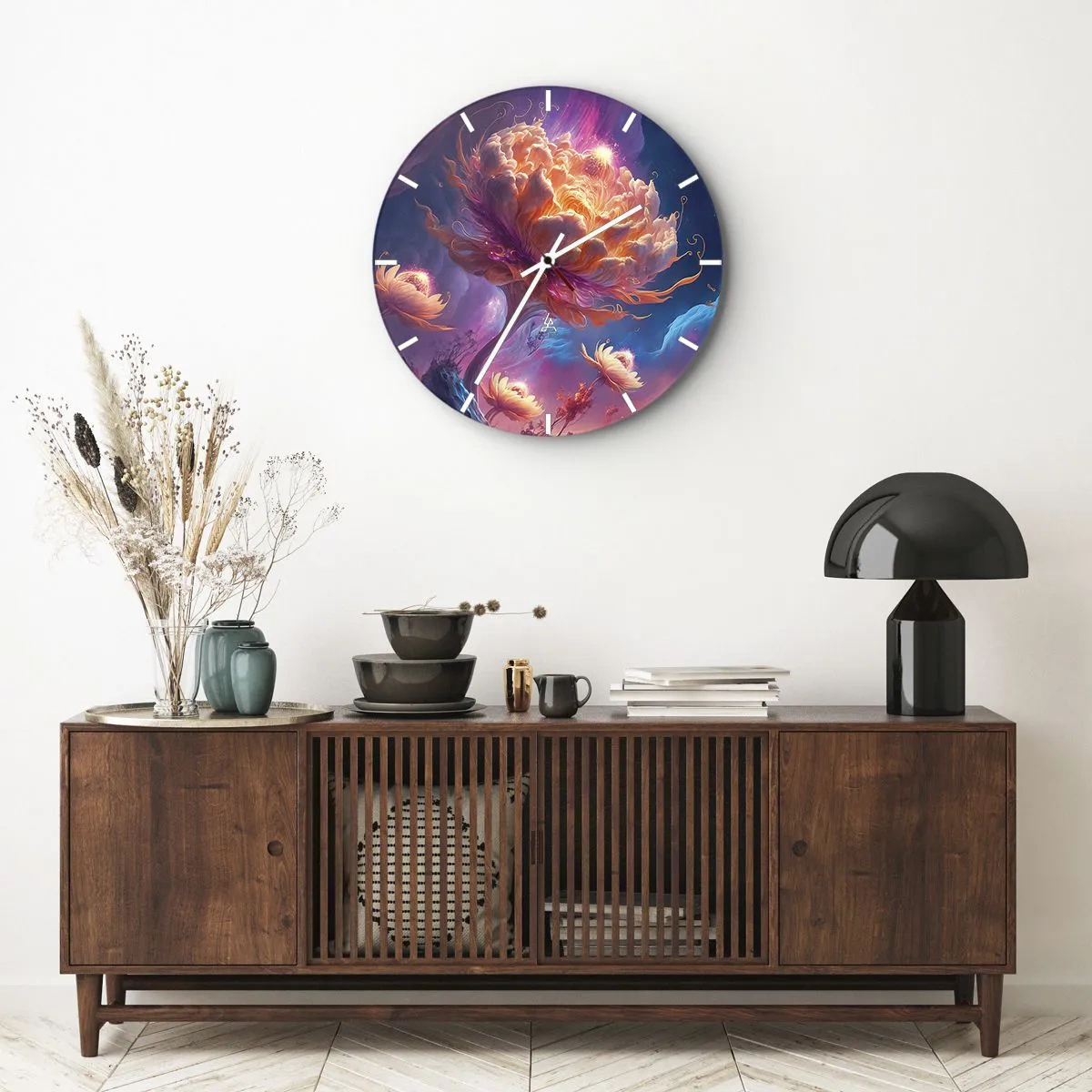 Orologio da parete - Orologio in Vetro - Un fiore fantastico illuminato in un paesaggio cosmico - 30x30cm - Un altro mondo - Decorazione murale moderna per soggiorno, cucina e camera da letto ARTTOR