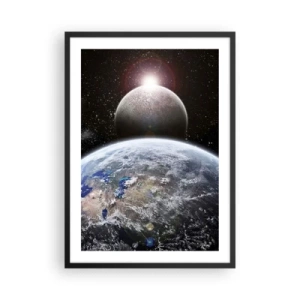 Poster in cornice nera - Pianeti Terra e Luna nello spazio - 50x70cm - Paesaggio cosmico: sorgere del sole - Decorazione murale moderna per soggiorno e camera da letto ARTTOR