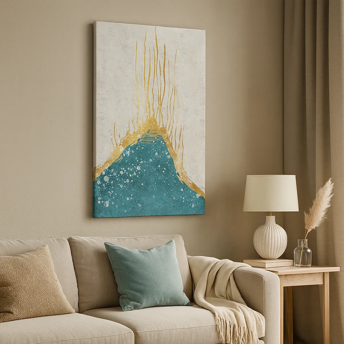 Quadro su tela - Stampe su Tela - Una composizione astratta nei toni dell'oro e del turchese - 50x70cm - Flusso dorato - Decorazione murale moderna per soggiorno e camera da letto ARTTOR