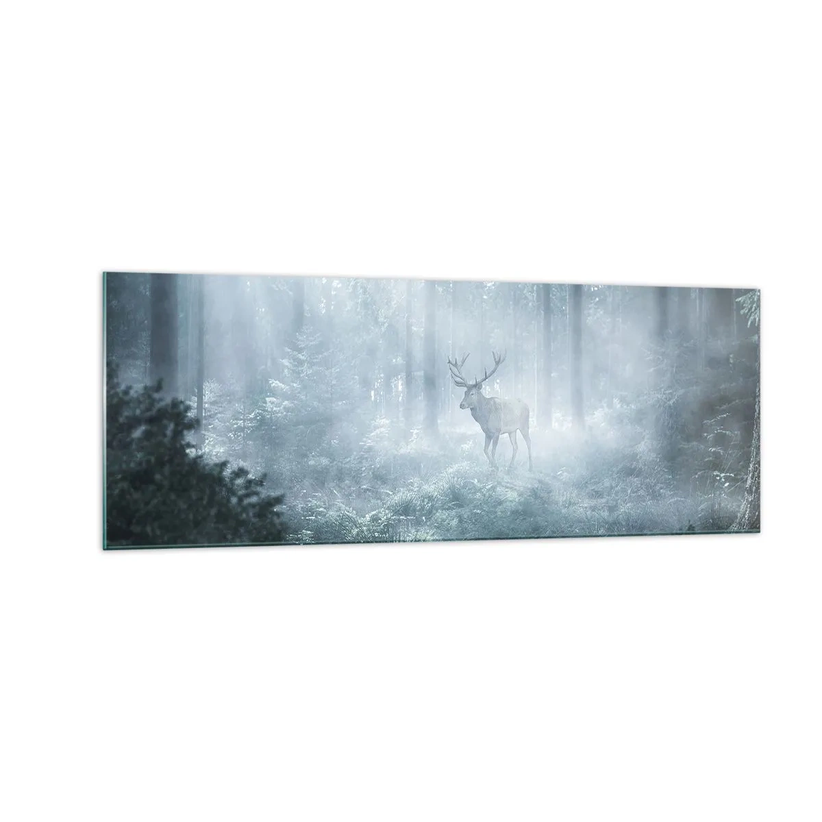 Quadro su vetro - Un cervo in una fitta foresta avvolto nella nebbia mattutina - 140x50cm - Passeggiata mattutina sulle sue terre - Decorazione murale moderna per soggiorno e camera da letto ARTTOR