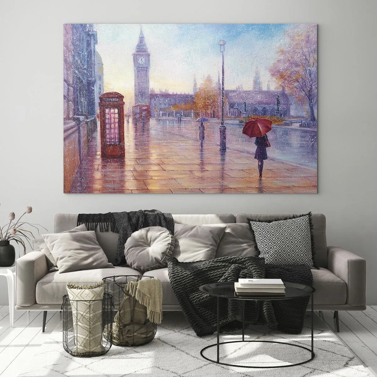 Quadro su vetro - Scena di Londra sotto la pioggia con il Big Ben e la scatola rossa - 100x70cm - Giorno d'autunno a Londra - Decorazione murale moderna per soggiorno e camera da letto ARTTOR