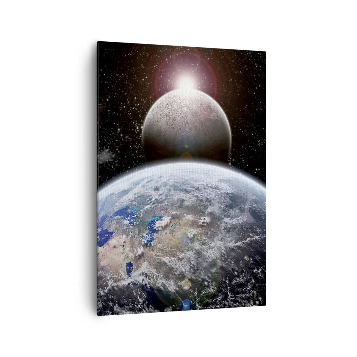 Quadro su tela - Stampe su Tela - Il pianeta Terra e la Luna sullo sfondo dello spazio stellato. - 70x100cm - Paesaggio cosmico: sorgere del sole - Decorazione murale moderna per soggiorno e camera da letto ARTTOR