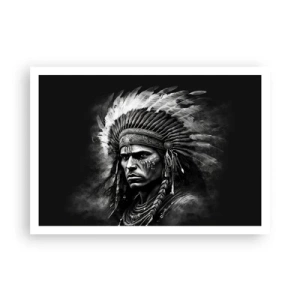 Poster - Ritratto di un capo con un copricapo piumato su sfondo nero - 100x70cm - Capo e guerriero - Decorazione murale moderna per soggiorno e camera da letto ARTTOR