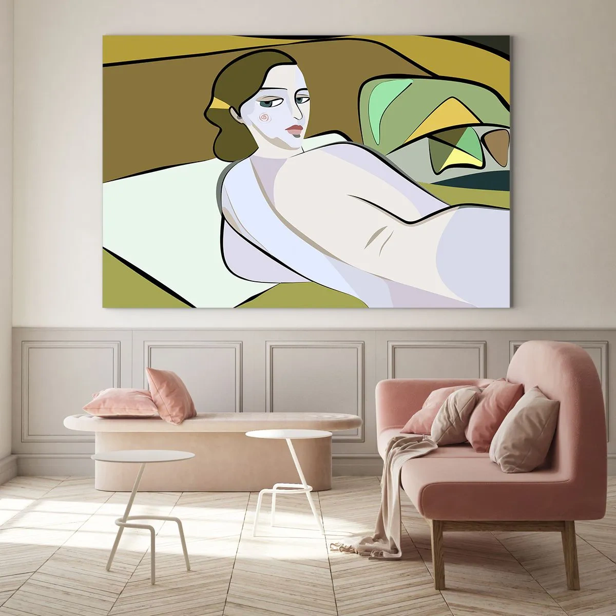 Quadro su vetro - Silhouette femminile in stile astratto con sfondo geometrico - 70x50cm - Ritratto intimo - Decorazione murale moderna per soggiorno e camera da letto ARTTOR