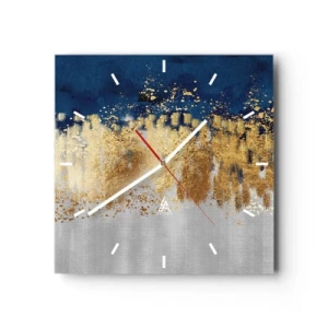 Orologio da parete - Orologio in Vetro - Una composizione astratta nei toni dell'oro e del blu navy. - 30x30cm - Composizione moderna con bagliore - Decorazione murale moderna per soggiorno e camera da letto ARTTOR