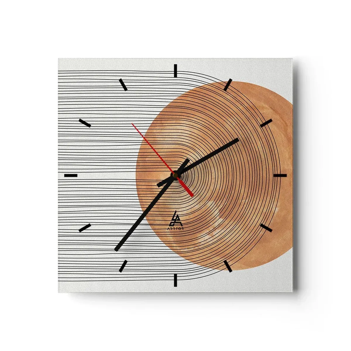 Orologio da parete - Orologio in Vetro - Composizione geometrica con cerchi e linee dai colori caldi. - 30x30cm - Composizione solare - Decorazione murale moderna per soggiorno e camera da letto ARTTOR